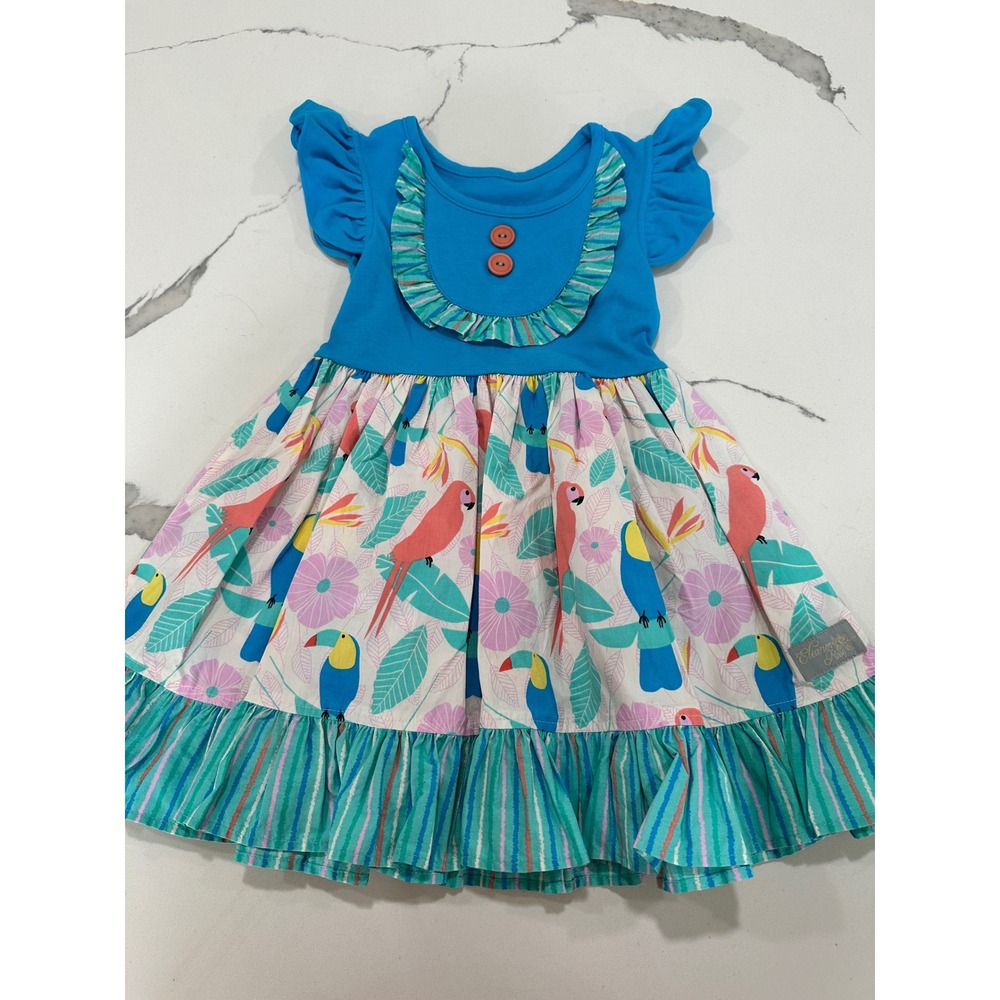 Eleanor Rose Rhonda Dress Girls Size 3-4 Blue Tropical Parrot Toucan Ruffle Hem
